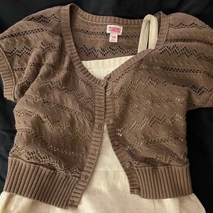 Linen strap dress with knit cropped overthrow